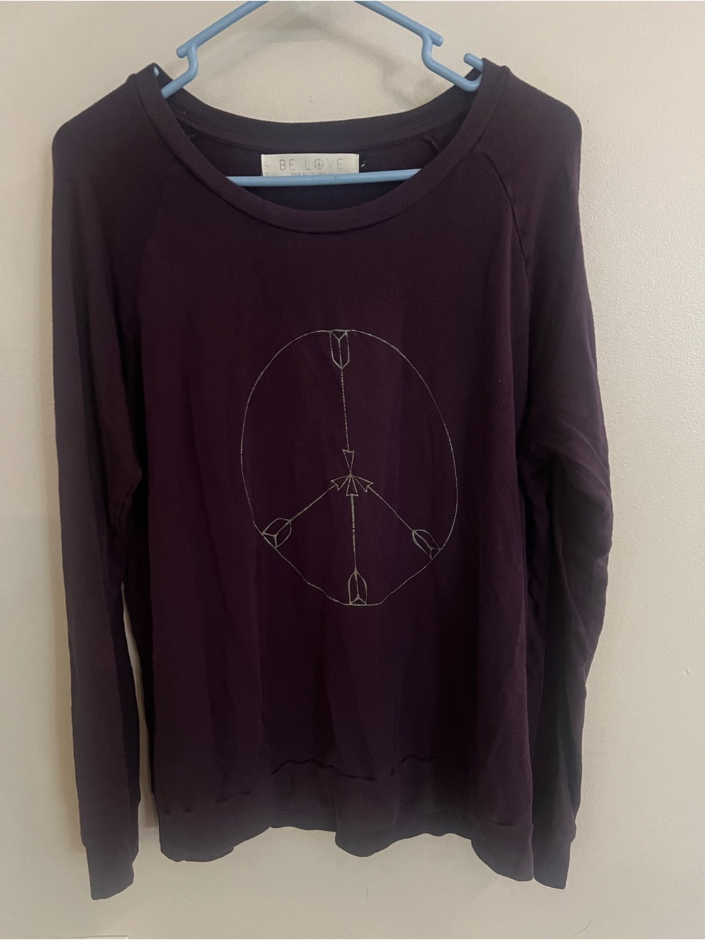Be Love Women's Long-Sleeve Peace Graphic Lightweight Sweatshirt- Plum